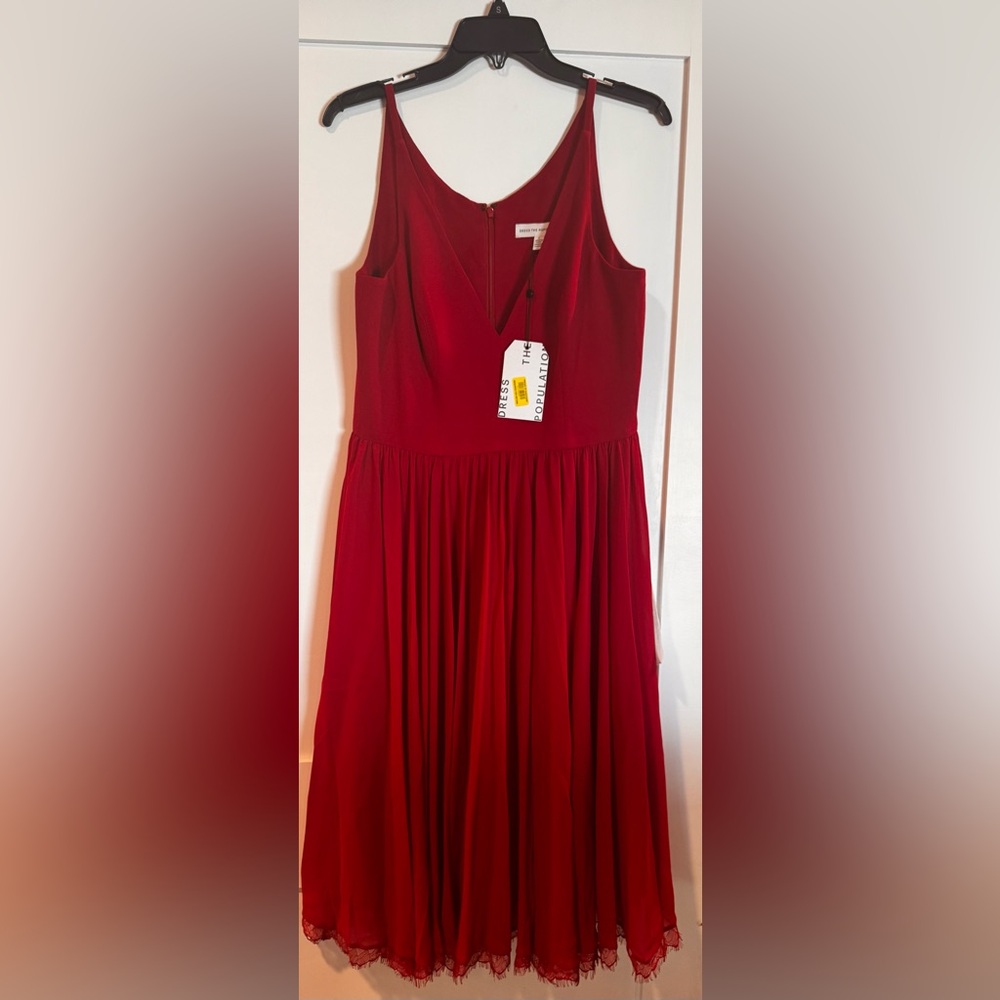 NWT Dress the Population Alicia Cocktail Midi Dress Mixed Media Chiffon Size L - Picture 7 of 10